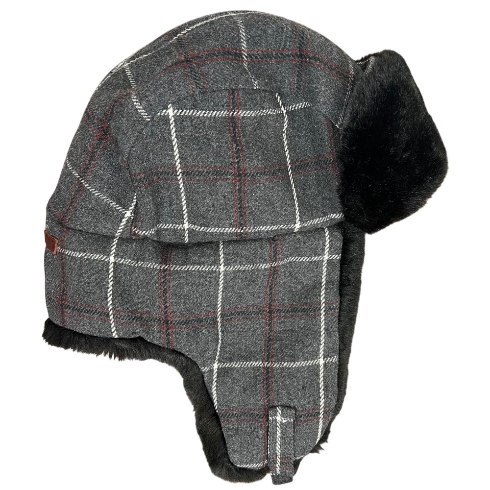 Levis Mens Grey Plaid Wool Blend Trapper Hat Faux Fur Lining Ear Flaps One Size